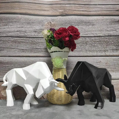 Modern black and white geometric bull sculpture with angular faceted surfaces for living room decorbites decor