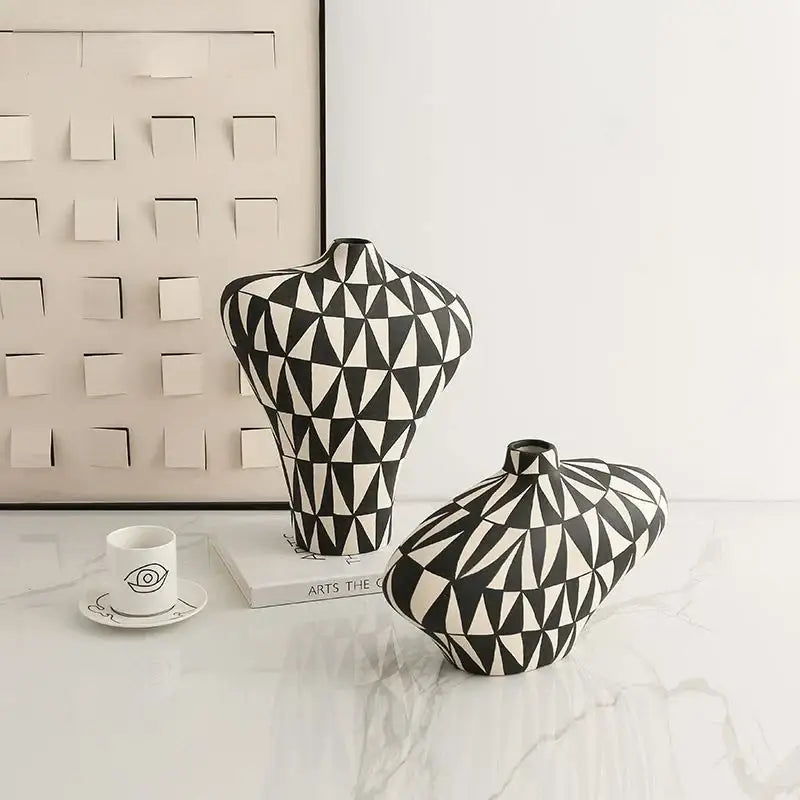 Two black and white geometric diamond ceramic vases with triangular patterns for modern living room decorbites decor