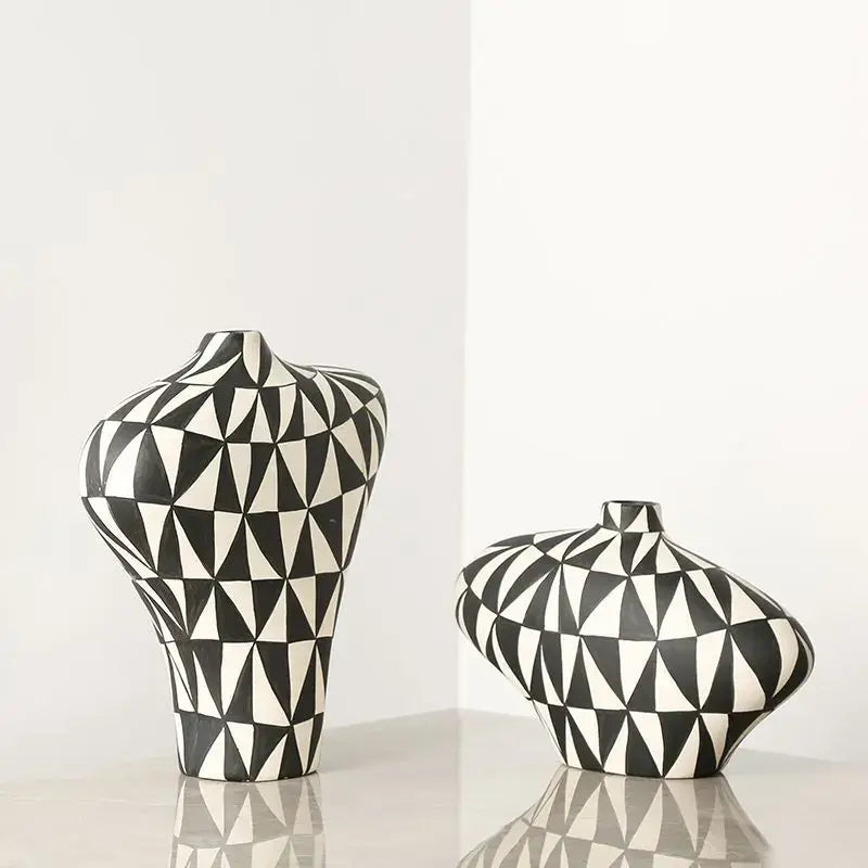 Two black and white geometric diamond ceramic vases with modern abstract design for living room decorbites decor