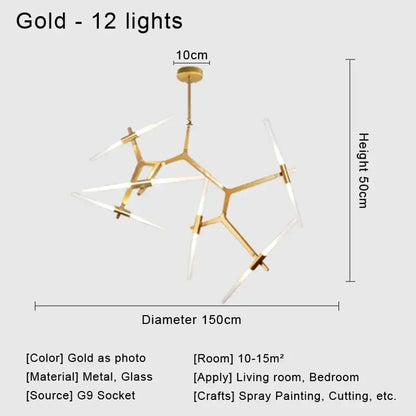 Gold modern ceiling light with 12 clear glass led chandelier arms and metallic frame for living room lighting