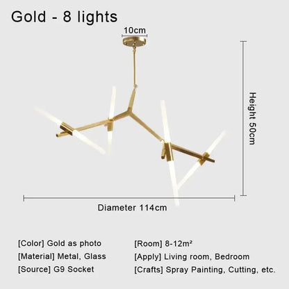Gold-colored modern ceiling light with eight frosted glass led fixtures and metal frame for living room use