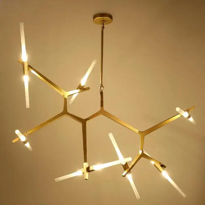 Modern gold-toned glass led chandelier with geometric branch-like arms and frosted glass ceiling light fixture for living room