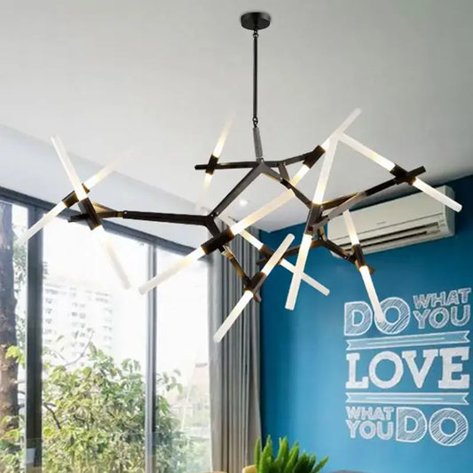 Modern black and white geometric glass led chandelier with intersecting light bars for living room ceiling light