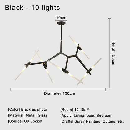 Modern black glass led chandelier with ten illuminated rods and metal frame ceiling light for living room use
