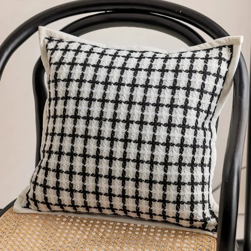 Modern black and white geometric jacquard cushion cover with houndstooth pattern and cream border for living room decorbites decor