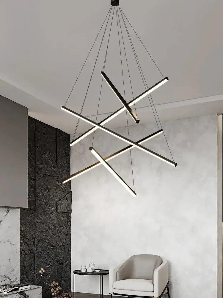 Modern black and white geometric led bedroom ceiling lamp with intersecting light bars suspended by thin cables