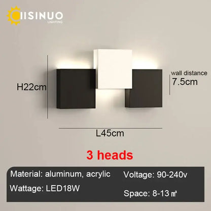 Modern black and white three-head aluminum and acrylic wall sconce decorbites geometric led wall for living room decor