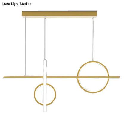 Modern gold-toned geometric pendant light with acrylic shade featuring minimalist circular and linear design for 110v-120v use