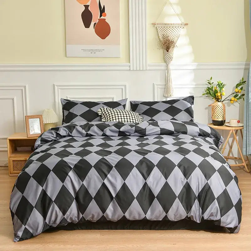 Black and gray diamond-patterned satin duvet cover bedding set with decorbites geometric stripes for modern bedroom decor