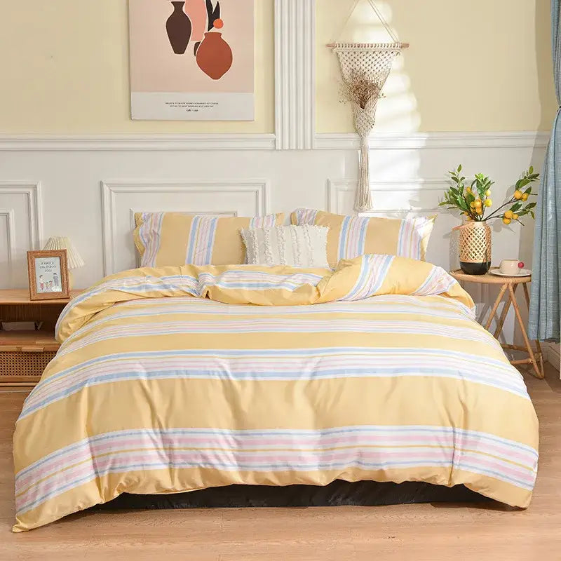 Yellow and pastel-striped soft cotton duvet set complementing modern black and white geometric stripes bedding set decorbites