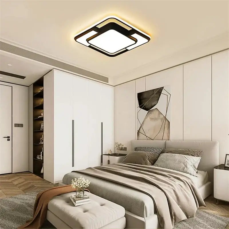 Modern black and white geometry led ceiling light with a black frame and glowing panel for living room decorbites decor