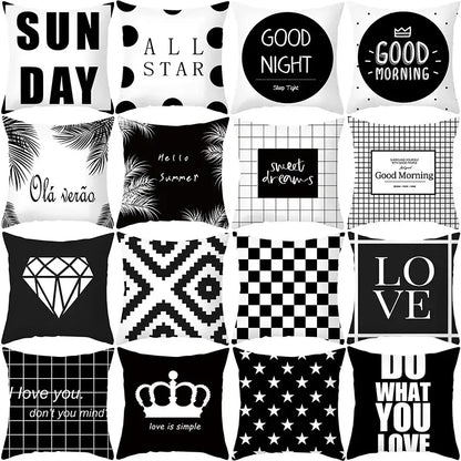 Modern black and white geometry letters cushion cover with bold typography and geometric patterns for home decor
