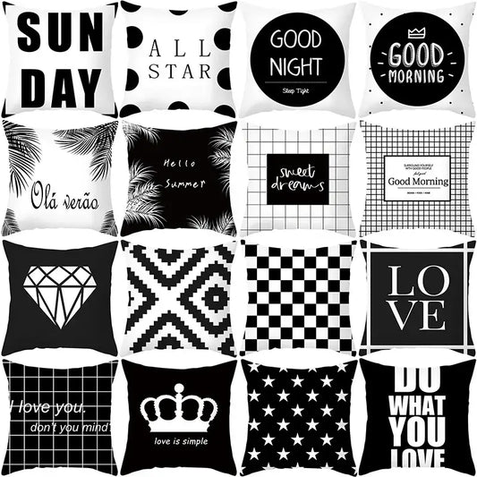 Modern black and white geometry letters cushion cover with bold typography and geometric patterns for home decor