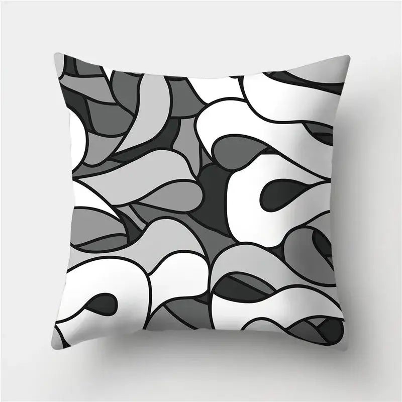 Square throw pillow with black white and gray abstract organic shapes from decorbites geometric stripes pillowcase collection