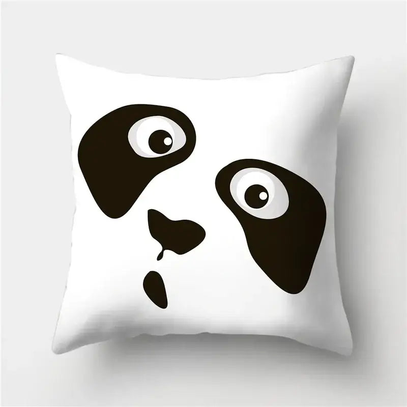 White throw pillow with stylized black panda face featuring decorbites geometric stripes pillowcase design