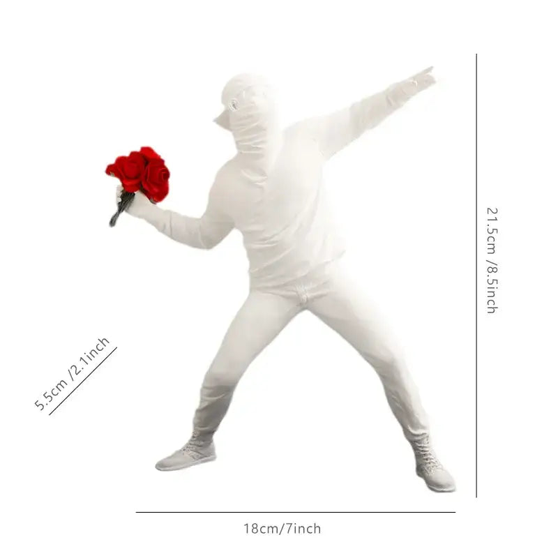 White full-body stretch suit gorilla sculpture resin figurine in dab pose holding red roses for living room decorbites decor