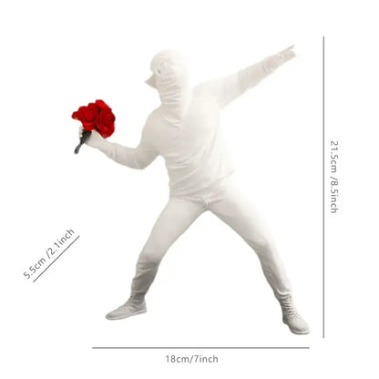 White full-body stretch suit gorilla sculpture resin figurine in dab pose holding red roses for living room decorbites decor