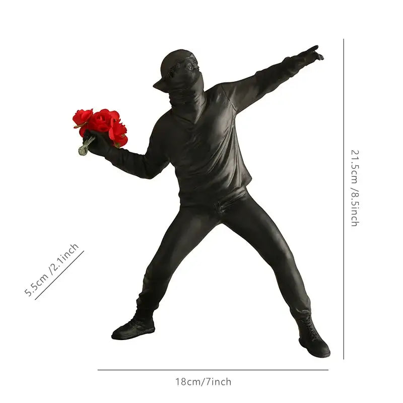 Modern black and white gorilla sculpture resin figurine in dab pose holding red roses for living room decorbites decor