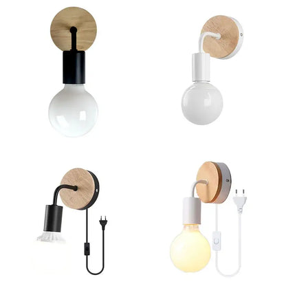 Modern black and white iron art wall light bedroom sconce with round wooden backplates and exposed bulb wall light decorbites iron art