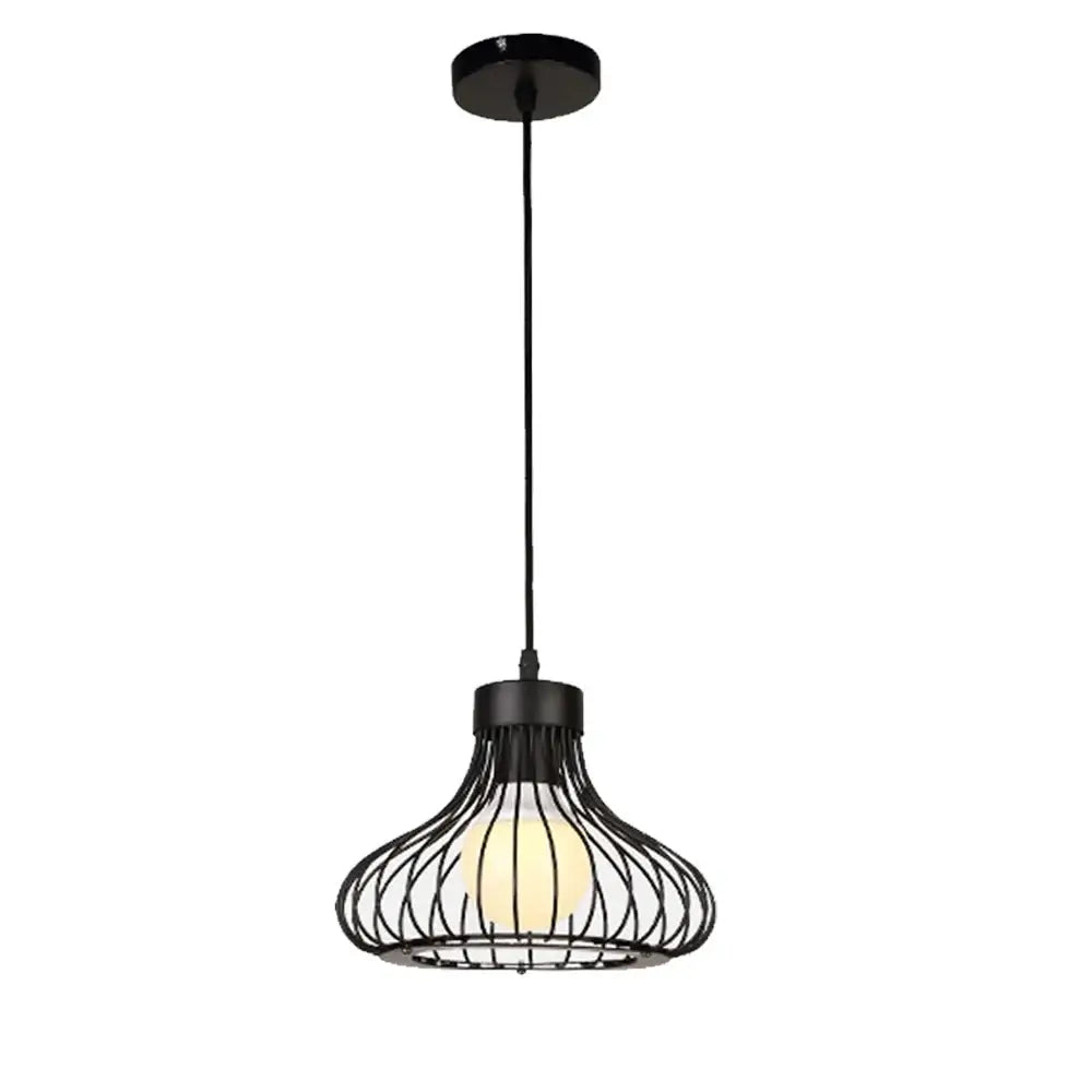 Modern black and white iron cage pendant lights featuring black wrought iron and warm glowing bulb for kitchen decorbites decor