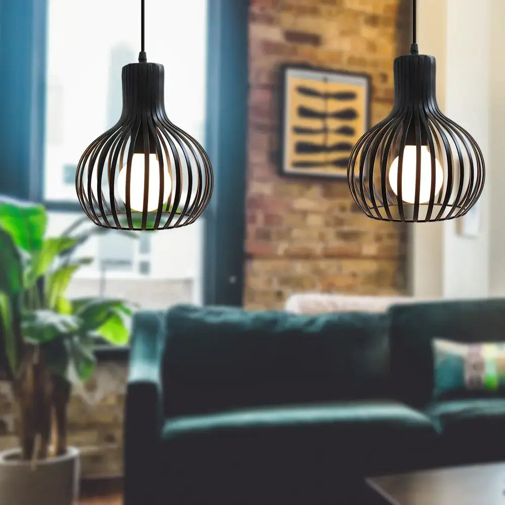 Modern black and white iron cage pendant lights with black wireframe and exposed bulbs for kitchen decorbites iron cage pendant