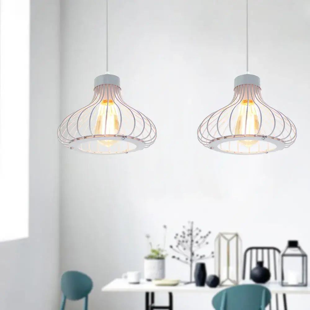 White wireframe pendant lights with exposed filament bulbs for modern kitchen decorbites iron cage pendant lighting