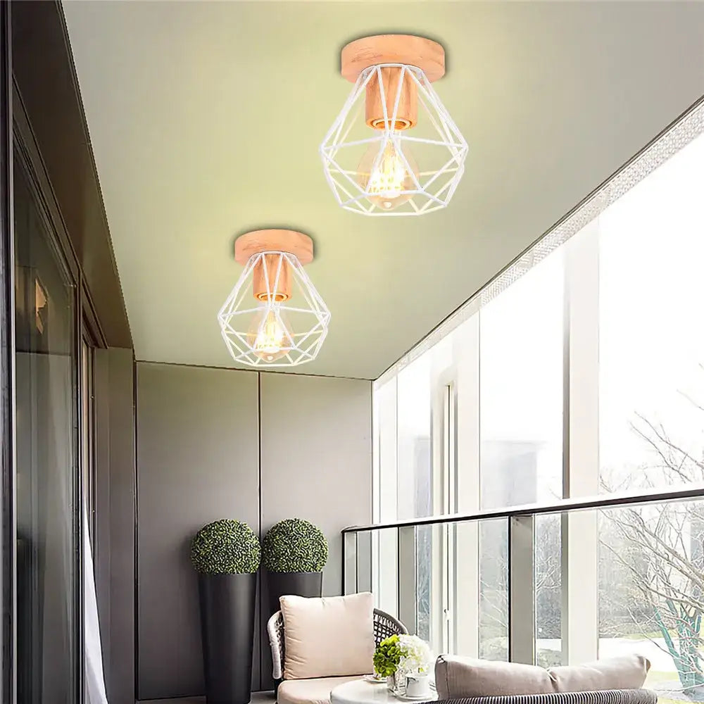 Two black and white geometric iron wood e27 ceiling lights with wooden bases and exposed bulbs for bedroom decorbites iron wood