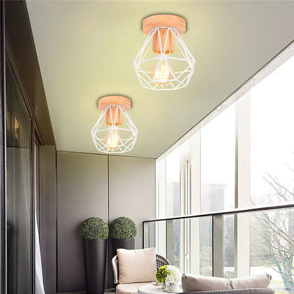 Two black and white geometric iron wood e27 ceiling lights with wooden bases and exposed bulbs for bedroom decorbites iron wood