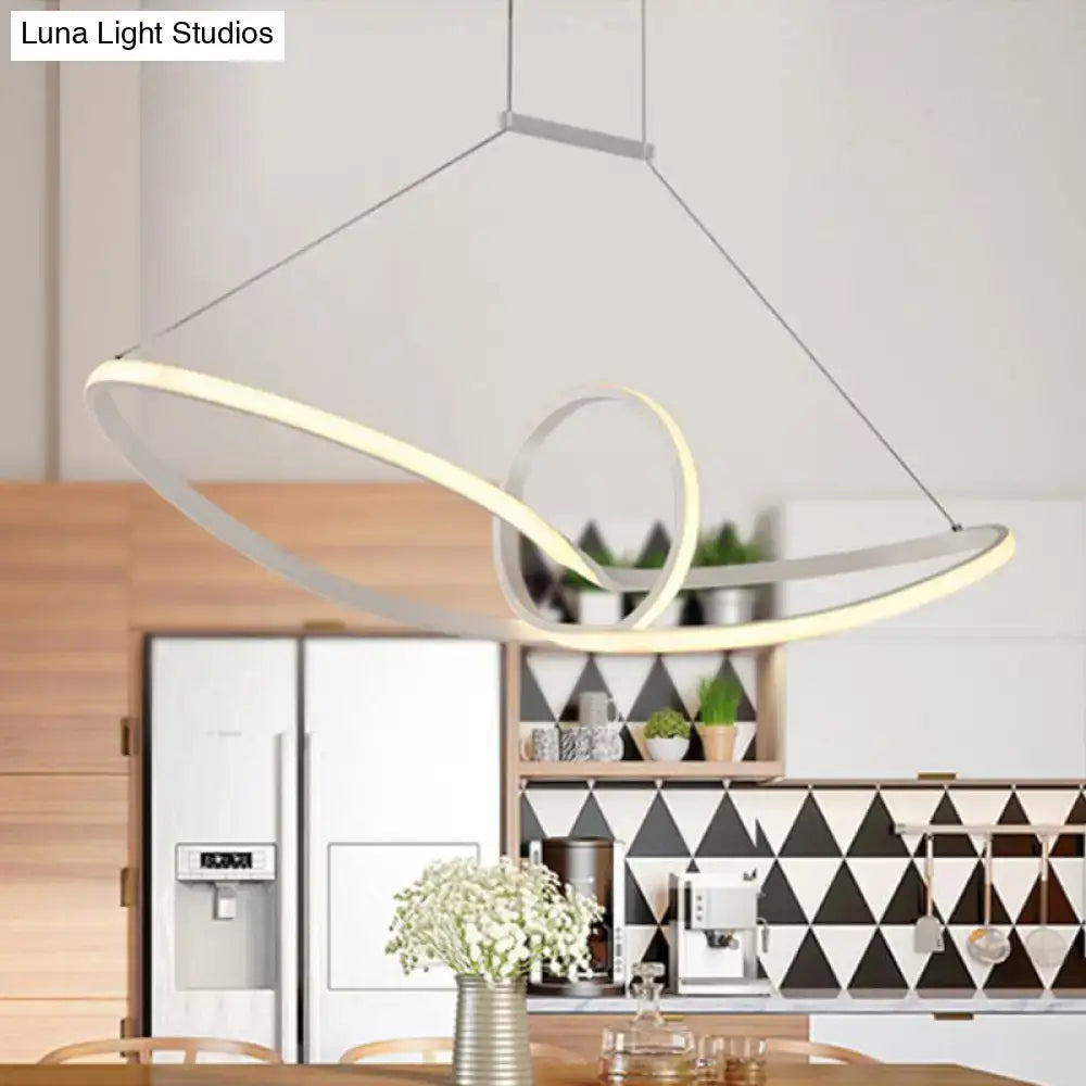 Modern geometric metal knotting island pendant with two white interlocking rings and integrated led lighting for kitchen islands