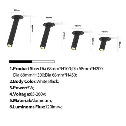 Modern black and white led bar ceiling spotlight with matte aluminum recessed cylindrical lights in various heights