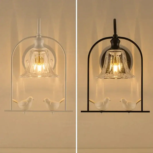 Modern black and white led bird wall sconce with bell-shaped glass shade and ceramic birds by decorbites led bird decor