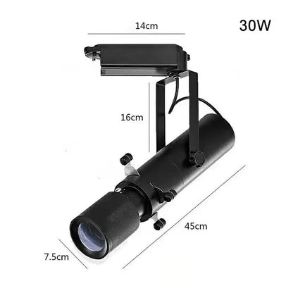 Modern black and white led track light featuring a 30w track-mounted spotlight with adjustable arm for event lighting