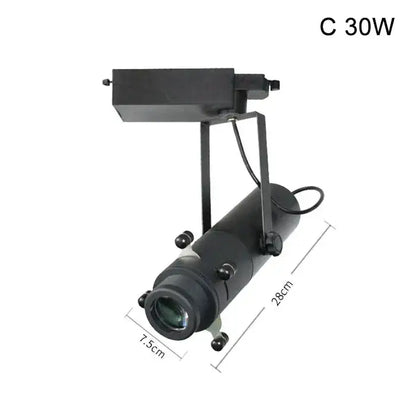 Modern black and white led track light featuring a black 30w track-mounted spotlight with adjustable cylindrical head