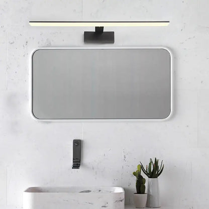 Modern black white led vanity lamp with sleek white framed rectangular mirror above minimalist bathroom sink
