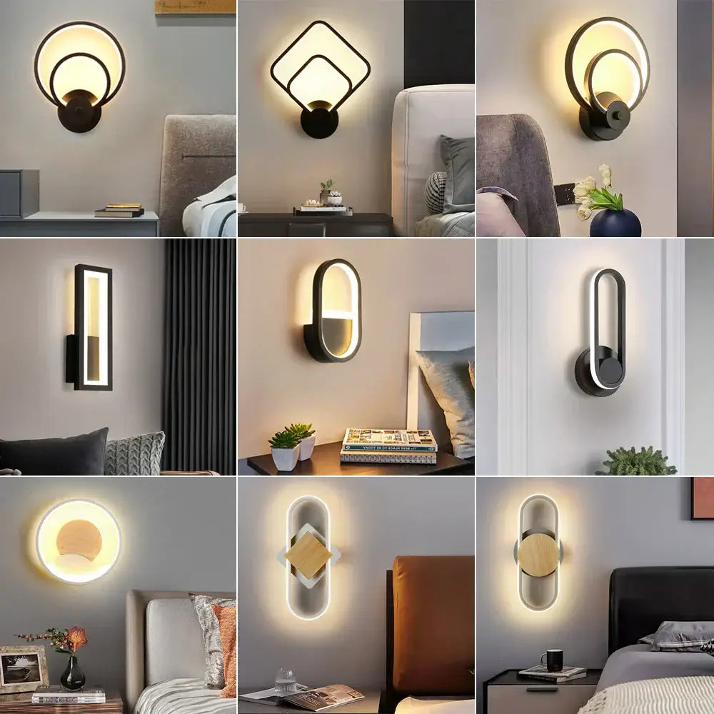 Modern black and white led wall light featuring sleek geometric illuminated glass panels for bedroom wall lighting