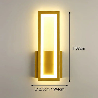 Gold-finished rectangular led wall light with glowing led strip for modern black and white bedroom geometric sconce