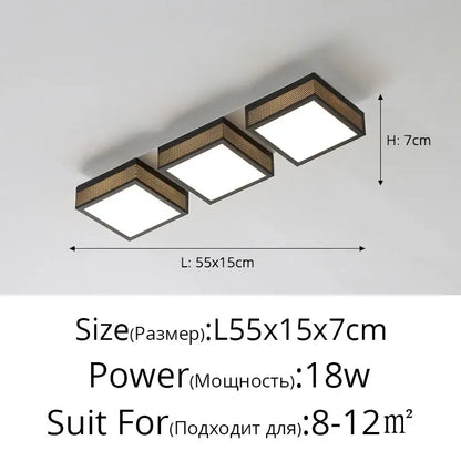 Modern black led ceiling light fixture with three square panels and woven gold tone accents for bedroom use