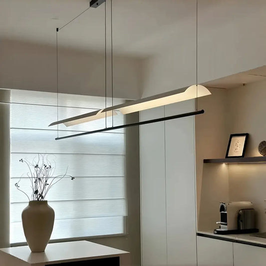 Modern black and white metal acrylic pendant light with sleek rectangular lampshade for dining room use