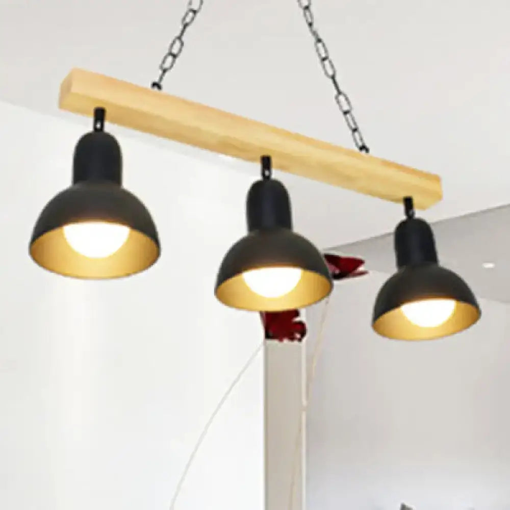 Decorbites modern dome island lighting with three black white metal pendant lights and wooden beam for kitchen use