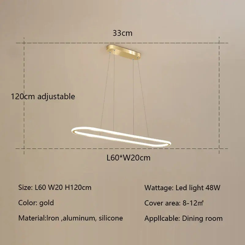 Gold-colored oval led chandelier pendant light with sleek modern design made of iron aluminum and silicone for dining rooms