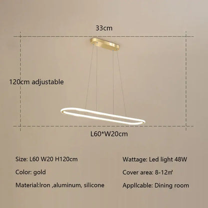 Gold-colored oval led chandelier pendant light with sleek modern design made of iron aluminum and silicone for dining rooms