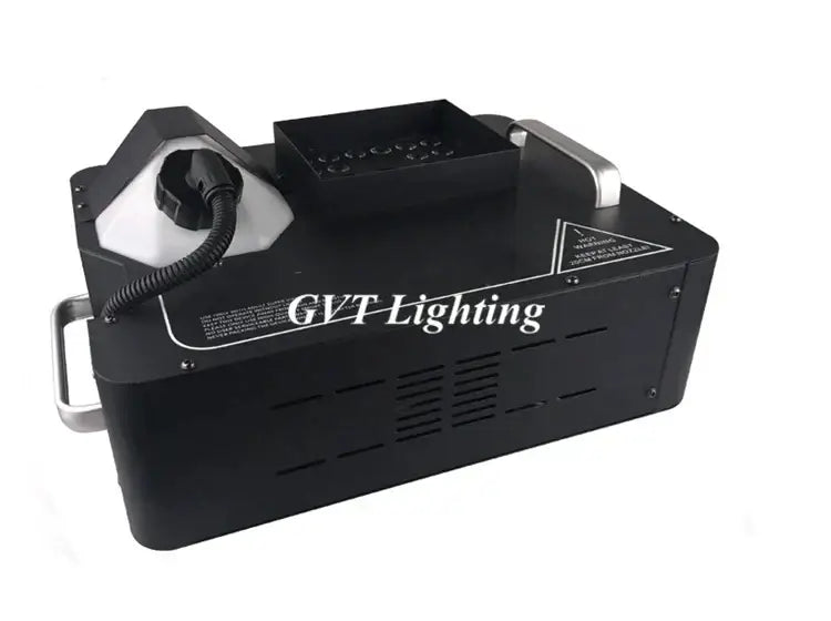 Modern black and white rgb dmx led fog machine with a black rectangular body silver handles and translucent water tank for parties