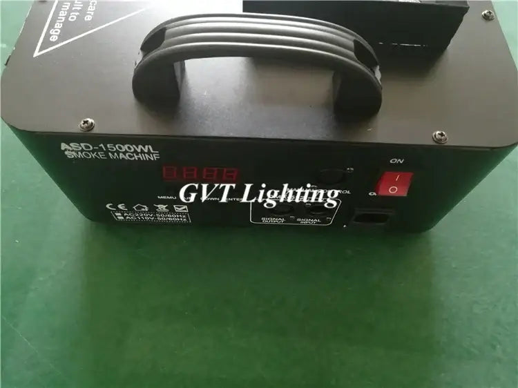 Black asd-1500wl dmx led fog machine with handle red power switch and digital display for modern party room effects