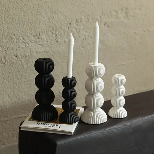 Set of three modern black and white ribbed geometric ceramic candle holders for living room decorbites ceramic candle decor