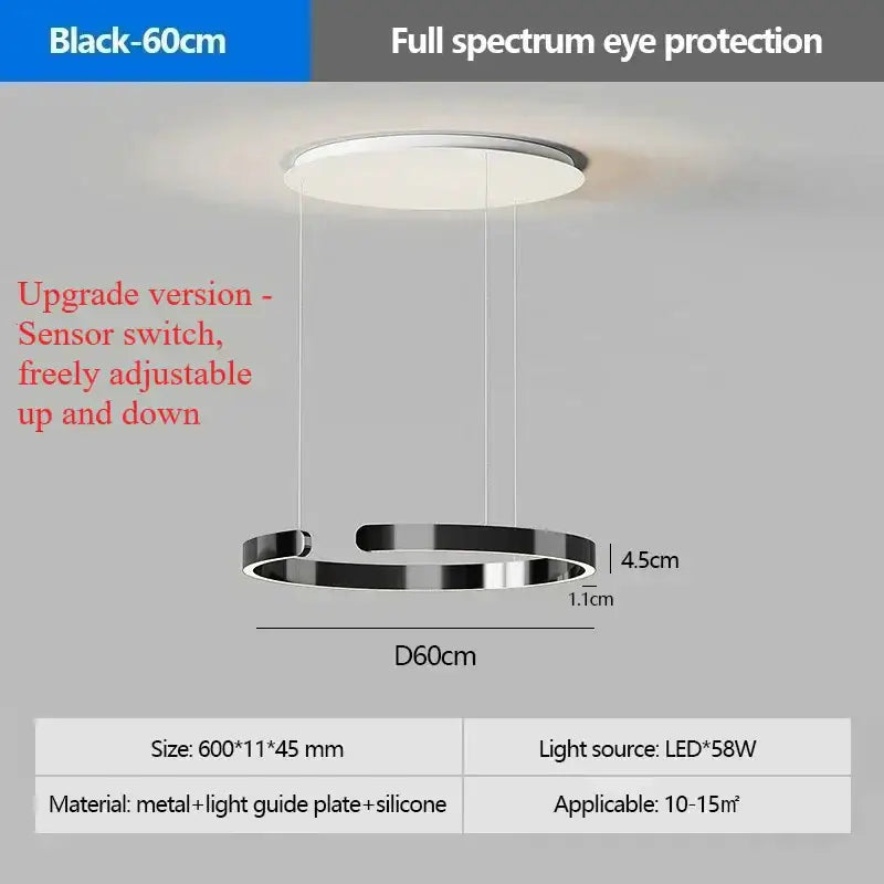 Modern black circular pendant light with a sleek metallic ring and led light source for dining room illumination