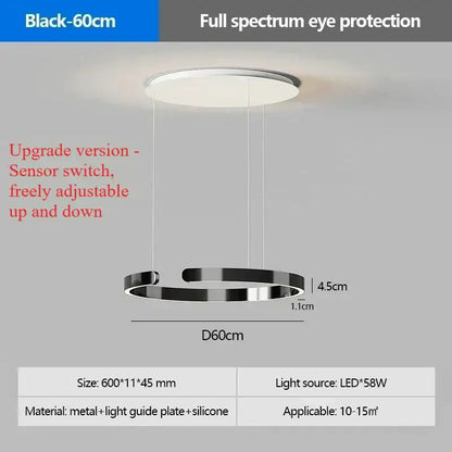 Modern black circular pendant light with a sleek metallic ring and led light source for dining room illumination