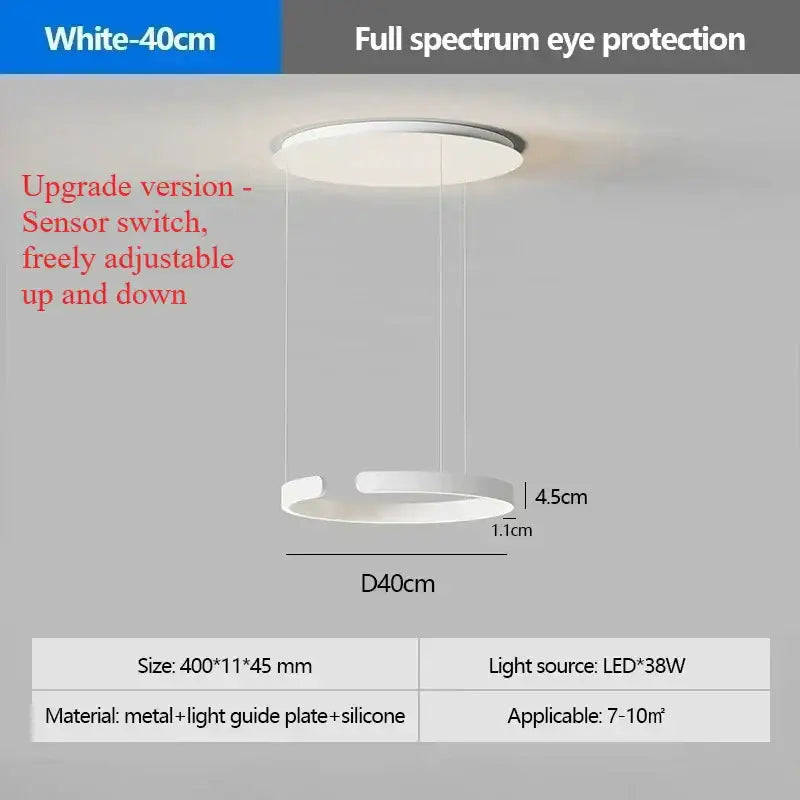 Modern black and white pendant light with led light source, light guide plate, sensor switch, and adjustable hanging mechanism