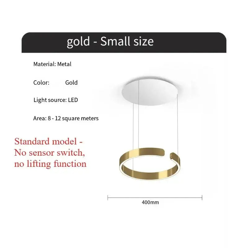 Gold-colored metal ring pendant light with led light source and light guide plate for modern dining room illumination