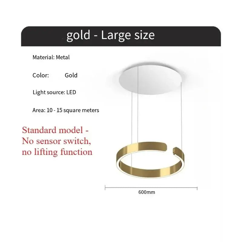Gold-colored circular metal pendant light with LED light source and light guide plate for modern dining room use
