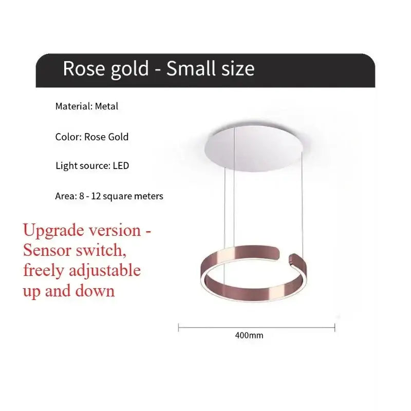 Rose gold metal ring pendant light with led illumination featuring light guide plate as modern dining room light source